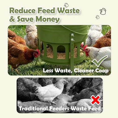 Metal Chicken Feeder No Waste - 20LB Large Chicken Feeder with 12 Ports & 4 Adjustable Heights Tripod Stand, Automatic Hanging Poultry Feeder, Rainproof for Backyard Chickens & Small Flocks - color: green