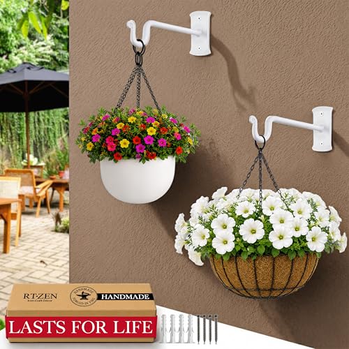 RTZEN Plant Hangers Outdoor or Indoor - Wrought Iron Metal Hanger Indoor Hook - Heavy Duty Wall Bracket Hooks for Hanging Plants Baskets Lanterns Bird Feeders - 2 Pack (White Shepherds Hooks 7.5") - size: 7.5 Inch, style: Shepherds Hooks - W