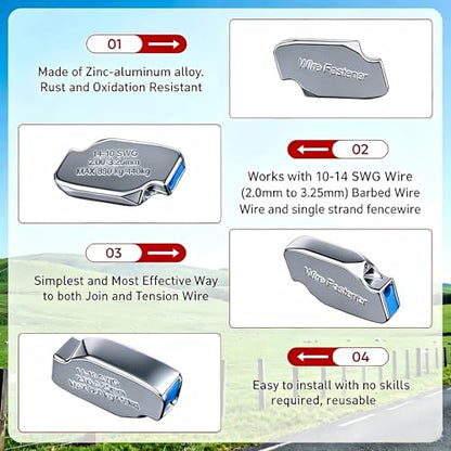Adjustable Tension Fence Wire Joiner (100 Pack), Fits 14-11 Gauge / 2.0mm-3.25mm Wire, Ceramic Roller Fence Connector for High Tensile & Electric Fencing