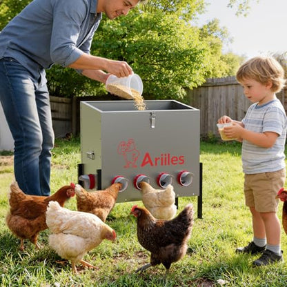 Automatic Chicken Feeder Box, 100lb Capacity, 10 No-Waste Ports, Metal Poultry Feeder with Covered Lid & Elevated Stand, Feed Dispenser for Chickens, Ducks & Backyard - size: 100 LB