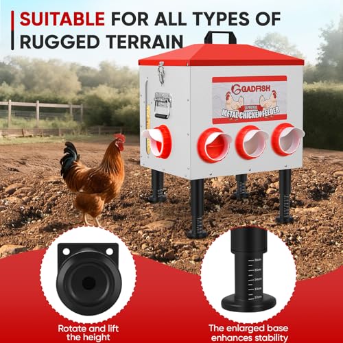 GADFISH 55 lbs Large Capacity Automatic Chicken Feeder - 8 Feeding Ports, No Waste Chicken Feeder, Height-Adjustable Legs & Secure Locking Lid for Chickens, Ducks & Poultry