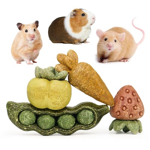 TEEWY 4PCS Guinea Pig Toys, Hamster Chew Toys, Natural Plant-Based Guinea Pig, Hamster, Rat & Chinchilla Toys for Teeth Grinding and Play - style: 4PCS-Fruit & Vegetable