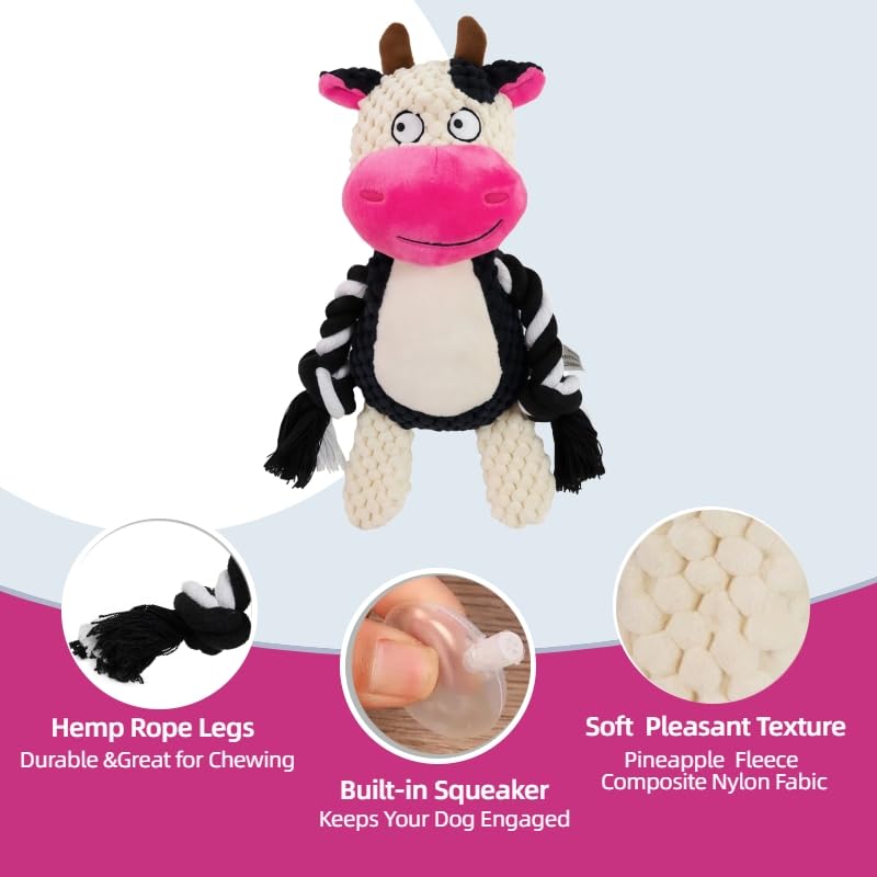 Dog Toy with Rope Arms Dairy Cow, Squeaky Interactive Pet Toy, Purple, for Small & Medium Dogs - color: White & Pink