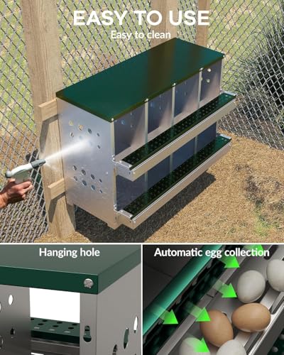 PioneerWorks Wall-Mountable Rollaway Chicken Nesting Box, 8-Compartment Metal Hen Nest Box with Roll-Out Egg Collection, Weatherproof & Ventilated Design for Chicken Coops, Green