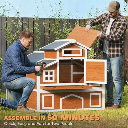 PawHut 79" L Chicken Coop for 6 Chickens Outdoor Wooden Hen House Poultry Cage with Run, 2 Nesting Boxes, Slide-Out Tray, Sliding Rod Door, Roosting Bar, Waterproof Asphalt Roof, Orange