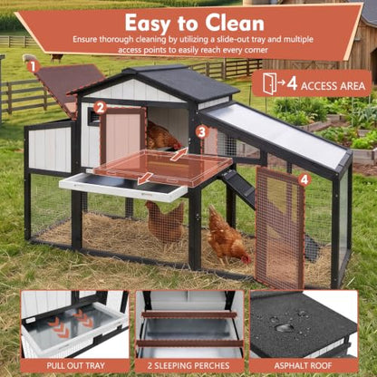 Ketive Chicken Coop with Run, Wooden Outdoor Hen House with 2 Nesting Boxes | Small Backyard Hen House for 1-2 with Predator-Proof Iron Mesh, 2 Perches, Pull-Out Tray, Expandable,Weatherproof Roof,65.3"L - size: 65.3"L x 26.0"W x 39.2"H