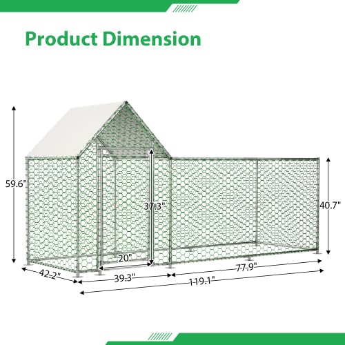 Large Metal Chicken Coop Walk-in Chicken Run Galvanized Wire Poultry Chicken Hen Pen Cage Rabbits Duck Cages with Waterproof and Anti-Ultraviolet Cover for Outside - size: 119.0"L x 42.2"W x 59.6"H