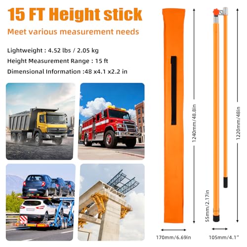 15FT Load Height Measuring Stick, Metric& Imperial, Sturdy Fiberglass Truck Height Stick with Adjustable Pole,Professional Non-Conductive Truck Height Measuring Stick for Trucks Car Haulers Trailer - size: 15FT