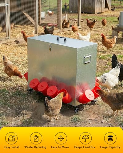 Magicfly 85 lbs Chicken Feeder No Waste, Large Metal Automatic Chicken Feeder Box, 12 Bell-Mouth Feeding Port, with Handle, Grit & Oyster Shell Trough, Chick Feeder on Wheels for Chickens, Ducks - size: 85 lb