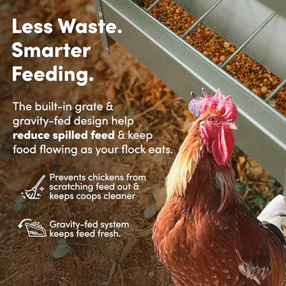 RentACoop Metal Trough Feeder with Lid & Rain Cover – Galvanized Steel – Side View Window – Moveable Grate for Easy Cleaning – Suitable for Chickens, Ducks, Poultry & More – 50lb Capacity - size: 50LB Capacity