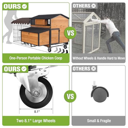 GUTINNEEN Mobile Chicken Coop with All-Around Metal Frame, 76.7" Large Chicken Coops with Super Large Wheels, Outdoor Poultry Cage Hen House with Metal Run for 6-8 Chickens - size: 76"L