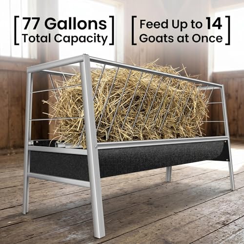 Stainless Steel Goat Feeder, 77 Gallon Anti-Waste Livestock Feeder, 2-in-1 Hay Rack & Rubber Trough, Heavy Duty Elevated Design for Goats, Sheep, Cattle, Use in Barn, Shed, Outdoor Pen