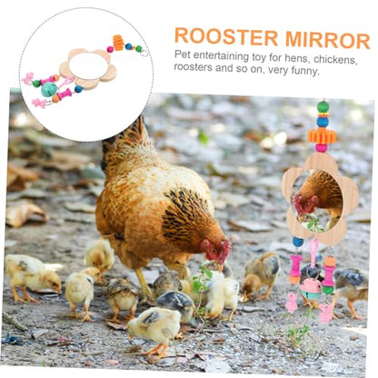 Creative Wooden Chicken Hanging Mirror Toy Bell Interactive Rooster and Hen Plaything for Pet Birds for Coop Enrichment and Entertainment