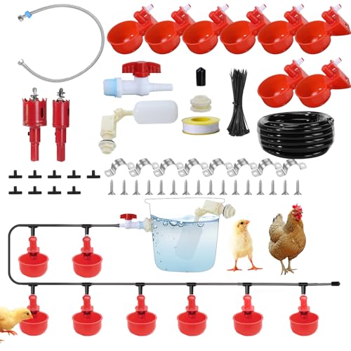Automatic Chicken Watering System Including 8 Chicken Water Cups, 6 Meters Black Plastic Hose, Other Pipe Accessory, Float Valve Automatically dispenses Water, Making Poultry Feeding Easy