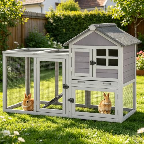 GUTINNEEN 51.6" 2-Story Rabbit Hutch for 1-2 Bunnies (Expandable to 2-4) - Indoor Outdoor with Waterproof Asphalt Roof, Bite-Proof Ramp, Easy-Clean Removable Tray & Multiple Access Doors, Gray - color: Grey, size: 51.6"L x 20.8"W x 36.2"H