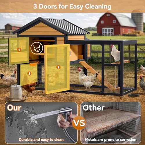 PETSFIT Wooden Chicken Coop with 71" Run for 4-6 Chickens, Predator-Proof Backyard Hen House with 6 Ground Anchors, 3 Nesting Boxes, 3 Perches & Chicken Swing, Waterproof PVC Roof, 3-Door Easy Clean