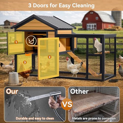PETSFIT Wooden Chicken Coop with 71" Run for 4-6 Chickens, Predator-Proof Backyard Hen House with 6 Ground Anchors, 3 Nesting Boxes, 3 Perches & Chicken Swing, Waterproof PVC Roof, 3-Door Easy Clean