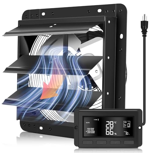 YOZON 12 Inch Attic Fan with Thermostat, Garage Exhaust Fan with Smart Temperature Humidity Controller, EC Motor, 1300 CFM, 10-Speed Adjustable for Chicken Coops, Greenhouses, Workshop Ventilation - size: 12 INCH