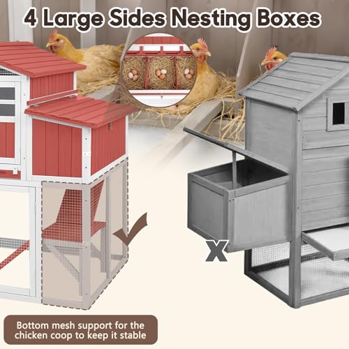 Extra Large Wooden Chicken Coop with Dual Runs for 6–10 Chickens, 2-Tier Elevated Hen House with Nesting Boxes, Expandable Connected Runs, Reinforced Frame, Slide-Out Tray, Red - color: Red