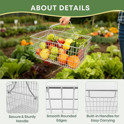 Wire Harvest Basket, Kitchen Organizers and Storage with Foldable Handle - 15.0"x9.8"x6.9" Portable Stainless Steel Picnic Baskets for Gathering Vegetables,Fruits,Kitchen,Garden,Picnic&Shopping (1, L) - size: Large