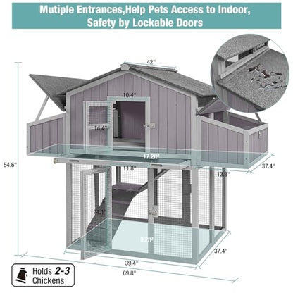 Chicken Coop Outdoor Super Easy to Assemble Large Hen House Wooden Poultry Cage with Nesting Box and Run (Grey) - color: Grey, size: 69.8"L x 42.0"W x 54.6"H