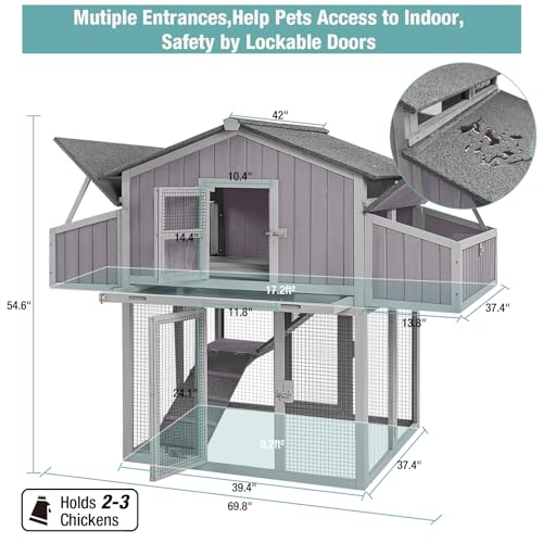 Chicken Coop Outdoor Super Easy to Assemble Large Hen House Wooden Poultry Cage with Nesting Box and Run (Grey) - color: Grey, size: 69.8"L x 42.0"W x 54.6"H