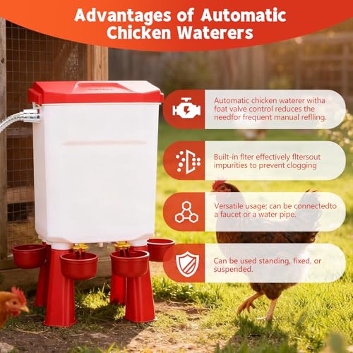 Chicken Waterer Float-Controlled Automatic Continuous Fresh Water Filtered Float- Chicken Waterer 2 Gallons Large Poultry Waterer for Duck, Quail, Turkey, Chick (Red)