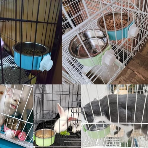 kathson Crate Dog Bowl, Removable Stainless Steel Hanging Pet Cage Bowl Food & Water Feeder Coop Cup for Cat, Puppy, Birds, Rats, Guinea Pigs (3 PCS, Size: L, Blue, Green, Pink) - color: Size: L (Blue, Green, Pink), size: 3 PCS