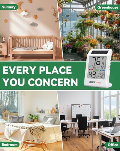 BALDR Indoor Thermometer Hygrometer, Solar Power with Battery Backup, Large Display, Daily Max/Min & Comfort Indicator Humidity Meter (White) - color: White