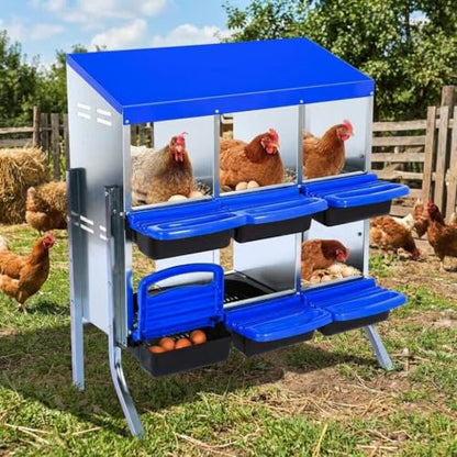 Chicken Nesting Box 6-Hole Roll Away Egg Laying Box with Lid & Stand, Galvanized Steel Rustproof Poultry Coop Box, Wall Mountable No Bracket Needed for Hens, Blue - color: Blue, size: 6 holes with legs