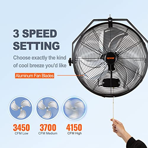 VEVOR Wall Mount Fan 18 Inch IP44 Waterproof, 3 Speed Metal Fan with Triangle Bracket Set, for Commercial, Warehouse, Greenhouse, Workshop, Covered Patio, Factory and Basement - size: 18 Inch, style: Waterproof