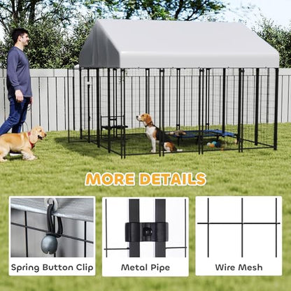 PawHut Outdoor Dog Kennel with Roof, 8' x 8' x 6' Heavy Duty Welded Wire Dog Playpen Enclosure with Escape-Proof Lock, UV-Resistant & Waterproof Cover, for Large Dogs, Chickens, Ducks, Silver - size: 96.1"L x 96.1"W x 72.0"H, style: Single Room