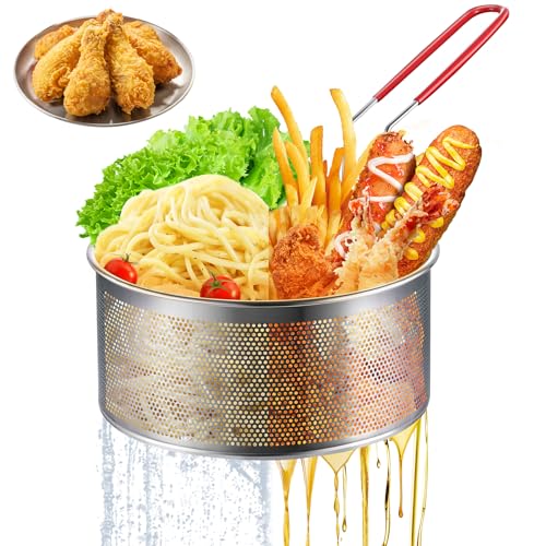 Deep Fryer Basket Only, 7''x4'' Colander with Silicone Handle,Round Stainless Steel Fry Baskets, Heat Resistant for Frying French Fries Cooking Noodles Vegetables, Ideal for Gift, 2.3-Quart - size: 7'' Deep Fry Basket