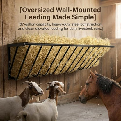 Wall-Mounted Hay Feeder, Carbon Steel Goat Feeder, 67 Gallon Dual-Purpose Rack for Livestock Feed, Blankets, Clothes, 63" x 13" x 17"