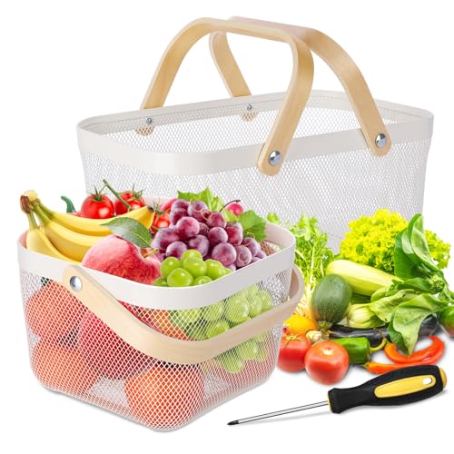 2 Pack Garden Harvest Basket, Metal Mesh Wire Picnic Basket with Handle, Rectangle Garden Baskets for Gathering Vegetables, Fruits, Kitchen, Home Cabinet Closet and Office (White) - color: White