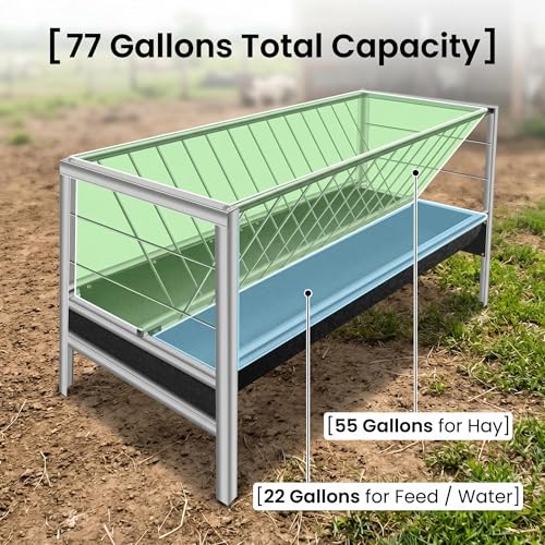 Heavy Duty Goat Feeder, 77 Gallon Stainless Steel Livestock Feeder, Anti-Waste Hay Feeder with Rubber Trough, 33.4 Inch Height for Goats, Calves, Sheep, Use in Barn, Pasture, Pigsty