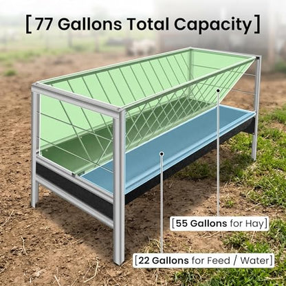 Heavy Duty Goat Feeder, 77 Gallon Stainless Steel Livestock Feeder, Anti-Waste Hay Feeder with Rubber Trough, 33.4 Inch Height for Goats, Calves, Sheep, Use in Barn, Pasture, Pigsty