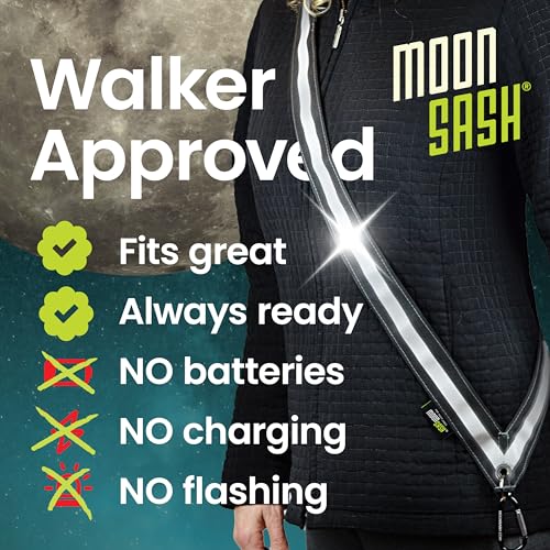 MOONSASH Reflective Sash for Walking At Night | USA-Made | Fitted, Reversible + Patented Night Walking Safety Gear | Perfect Belt/Reflective Vest for Women & Men Alternative | Essential Running Gear - style: MED Midnight Black (60")
