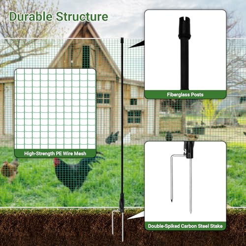 Temporary Fence with Posts 3' x 50' for Chickens, Turkeys Backyard | Boundary Chicken Fence with Double Spiked Fiberglass Posts & Windbreak Rope, Portable Non Electric Fence Netting - size: 3' x 50'