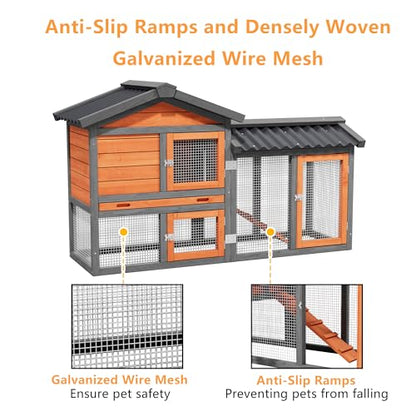 Chicken Run Coop, Wooden Duck Coop Outdoor 2-Tier Hen House All Weather Used Poultry Quail Cage Rabbit Hutch Pet Hideout with Ramp for Small Medium Animals-Expandable Design (Brown) - color: Brown