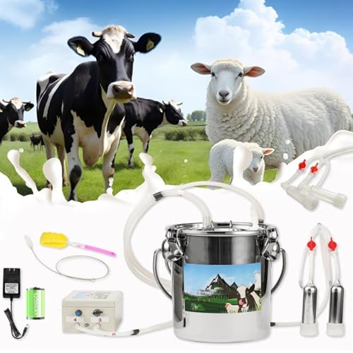 2-in-1 Electric Milking Machine for Cattle and Sheep, Portable Pulse Control Milker, Rechargeable Battery Powered, with 4 Teat Cups 1 Food Grade Milk Bucket Suitable for Small 5L - size: 5L