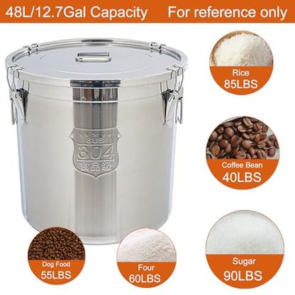 DYNAMI 12.7Gal 304 Stainless Steel Rice Storage Container,Extra Large Food Grade Canister,40-90Lbs Sealed Rice Bucket with Airtight Lid and Locking Buckle,for Rice, Flour, Grain (48L)