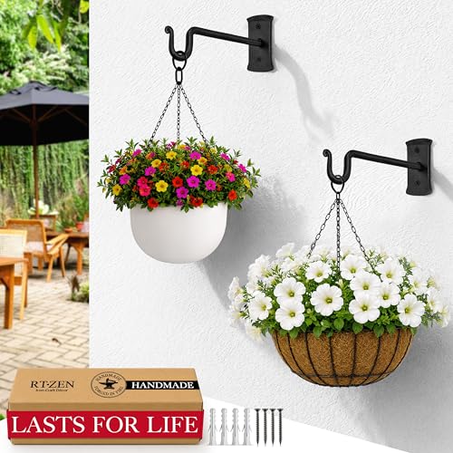 RTZEN Plant Hangers Outdoor or Indoor - Wrought Iron Metal Hanger Indoor Hook - Heavy Duty Wall Bracket Hooks for Hanging Plants Baskets Lanterns Bird Feeders - 2 Pack (Black Shepherds Hooks 7.5") - size: 7.5 Inch, style: Shepherds Hooks