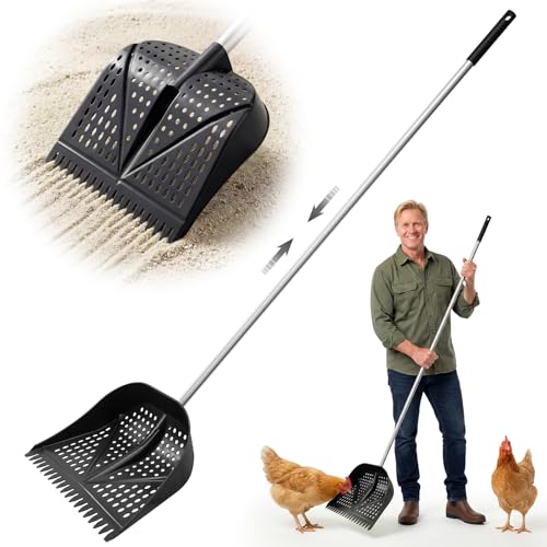 Heavy-Duty Yet Lightweight Chicken Poop Scooper & Rake 2-in-1, Adjustable Handle Length from 38" to 66", Features Manure Sifting Capability – Ideal for Chicken Coops and Farm Animal Cleaning (Black) - color: Black