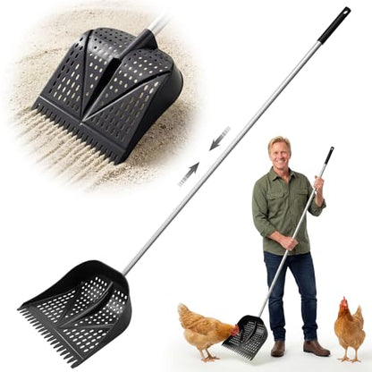 Heavy-Duty Yet Lightweight Chicken Poop Scooper & Rake 2-in-1, Adjustable Handle Length from 38" to 66", Features Manure Sifting Capability – Ideal for Chicken Coops and Farm Animal Cleaning (Black) - color: Black