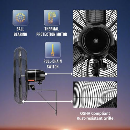 Tornado 24 Inch High-Velocity Oscillating Wall Mount Fan – IPX4 Water-Resistant, Industrial-Grade TEAO Motor, 2-Speed, 7350 CFM, cETL Certified for Outdoor Use - size: 24 inch, style: Industrial