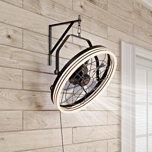 Plug in Wall Mount Fan with Light, 20 Inch 3CCT Dimmable Fan Light, Remote & App Control, 6-Speed, Reversible, Indoor/Outdoor Wall Mounted Fans for Patio, Garage, Living Room (LED Frame) - color: LED Frame