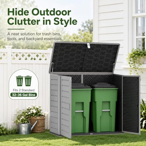 UHOMEPRO 4.6 Ft. X 4.1 Ft Outdoor Horizontal Storage Shed, Resin Storage Shed with Double Lockable Doors, Garbage Can Shed and Garden Tools Storage, Highly Water Resistant