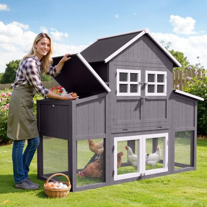 Large Chicken Coop for 6-10 Chickens, Outdoor Predator Proof Wooden Hen House Design with 2 Nesting Boxes and Weatherproof Roof, Easy to Clean Poultry Cage for Outsides