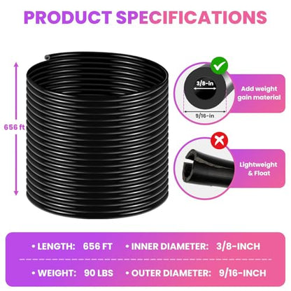 656FT Pond Hose, 3/8” Inner Diameter Heavy Duty Black Tubing, 90Lbs Weighted & Self-Sinking Hose for Large Pond Aeration, Lake, Aquaculture and Water Transfer